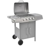 Barbacoa de gas 4+1 quemador con quemador lateral y campana de barbacoa, parrilla de gas de acero inoxidable para jardín y terraza, con termómetro y armario inferior, color plateado