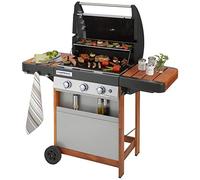 Barbacoa de gas Campingaz 3 Series Woody LX con 3 quemadores de acero inoxidable y bandejas laterales plegables de madera, barbacoa de pie con tapa y termómetro, sistema de limpieza InstaClean