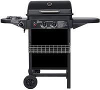 Barbacoa de gas con 2 quemadores de gas compactos, quemadores laterales, rejilla, mesas laterales y coche de acero, 8,7 kW de electricidad