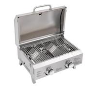 Barbacoa de gas de acero inoxidable, 2 quemadores, barbacoa plegable al aire libre, barbacoa portátil de gas de mesa con pieza de conexión y piedra para pizza, método de encendido piezoeléctrico, para