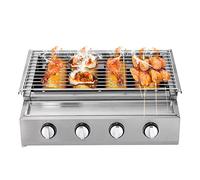 Barbacoa de gas de acero inoxidable, acero inoxidable, con 4 quemadores y superficie de parrilla de 55 x 23 cm, altura regulable, compatible con GLP, rejilla extraíble, para jardín/balcón