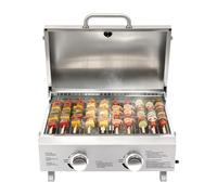 Barbacoa de gas de mesa de acero inoxidable, 2 quemadores, barbacoa de camping móvil con termómetro y encendido piezoeléctrico, parrilla de gas plegable, incluye piedra para pizza y regulador de gas