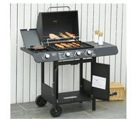 Outsunny Barbacoa de Gas BBQ con Ruedas Parrilla Gas con 3+1 Quemadores de 11,6 KW 2 Mesas Laterales y Termómetro Acero 110x50x100 cm Negro