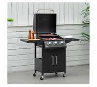 Outsunny Barbacoa de Gas con 3 Quemadores 8,7 KW Termómetro 2 Parrillas de Gas con 2 Mesas Laterales Armario de 2 Puertas 4 Ruedas y Frenos Acero al Carbono para BBQ 121x55x109 cm Negro