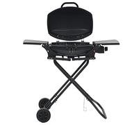 Barbacoa de gas portátil con zona de cocción de 4,2 kW, barbacoa plegable para jardín, balcón y terraza, acero recubierto de polvo con ruedas, color negro