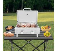 Barbacoa de gas portátil de mesa con 2 quemadores de acero inoxidable, barbacoa de gas para camping, pequeño hornillo de gas con termómetro y tapa, método de encendido piezoeléctrico, para balcón