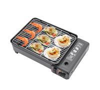 Barbacoa de gas portátil para camping con 2 parrillas y bandeja colectora | Barbacoa de gas de mesa con encendido piezoeléctrico 2 en 1 para cartuchos, botellas de gas, maletín de almacenamiento para