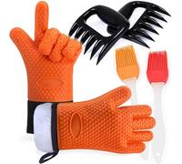 Barbacoa Grill guantes resistente al calor con garra de oso carne garras y pincel de silicona, Guantes de Cocina antideslizante para Horno Microondas y Parrilla, Naranja