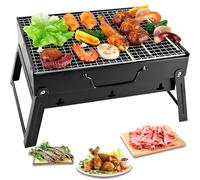 Barbacoa Portátil a carbón de acero Negra y rectangular con Parrilla, Plegable, Acero inoxidable, Camping accesorios, Acampada o Picnic, para Exterior, Terraza,43 x 29 x 23 cm