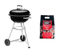 Barbacoa redonda con tapa Compact Kettle 47 + Briquetas (Diámetro de la superficie de la parrilla: 47 cm, Negro/Plateado)