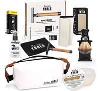 ✮ BARBER TOOLS ✮ Kit de afeitado - Maquinilla de afeitar de seguridad + 40 cuchillas dobles + Tejón de afeitar + Jabón de afeitar + Bálsamo para después del afeitado + Piedra de alumbre + Bolsa