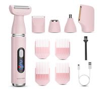 BarberBoss Afeitadora eléctrica 5 en 1 para mujer, recortadora de doble velocidad con pantalla LED, 4 peines guía y recargable por USB, recortadora de cara, cuerpo (Rosa, Plateado)