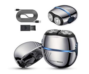 BarberBoss Afeitadora rotativa para hombre, maquinilla de afeitar facial portátil, cuchillas de acero al carbono, cabezal de doble flanqueo, afeitadora compacta para barba y cara, QR-2701