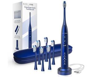 BarberBoss Cepillo de dientes sónico para adultos, cepillo de dientes eléctrico recargable con 5 modos de limpieza, 3 niveles de intensidad, sensor de presión inteligente (Azul Marino)