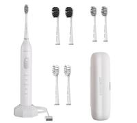 BarberBoss Cepillo Eléctrico, Cepillo de dientes sónico, 5 modos cepillado, 6 cabezales, sensor de presión, temporizador inteligente y estuche de viaje, Blanco