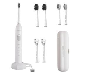 BarberBoss Cepillo Eléctrico, Cepillo de dientes sónico, 5 modos cepillado, 6 cabezales, sensor de presión, temporizador inteligente y estuche de viaje, Blanco