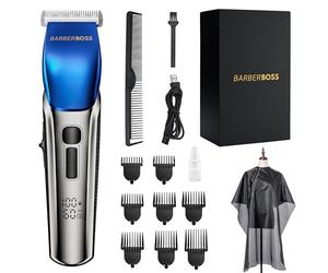 BarberBoss Cortapelos Hombre, Recortador de Barba - 4 Ajustes de Velocidad, Cuchilla de Cerámica, 8 Peines, Pantalla LED, Carga USB, Resistente al Agua, Kit de Peluquería, QR-2083