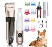 BarberBoss Cortapelos inalámbrico para perros, impermeable, cuchillas de cerámica, pantalla LED, carga rápida, cortadora eléctrica para mascotas (Champán Y Blanco)