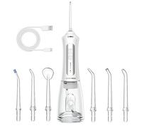 Barberboss Hilo dental portátil para dientes, irrigador oral recargable, kit de hilo dental con 5 ajustes de presión, 5 boquillas intercambiables, tanque de agua de 300 ml y diseño fácil