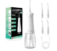 BarberBoss Irrigador bucal avanzado, 5 modos de presión y tanque grande de 340 ml, irrigador oral impermeable IPX8, 4 puntas de chorro y bloqueo de viaje, irrigador dental de agua, QR-7104 (Blanco)