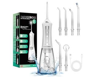 BarberBoss Irrigador Bucal Electrico, Eeliminador de Placa Dental, 5 Boquillas de Chorro, Modos de Limpieza, Limpiador de Dientes, QR-7024 (Blanco)