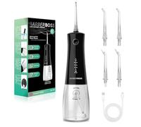 BarberBoss Irrigador bucal inalámbrico, irrigador oral con 4 puntas de chorro y 5 modos de presión, limpiador profesional de dientes y encías, tanque de agua de 340 ml e impermeable IPX8, QR-7105