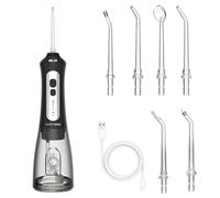 BarberBoss Irrigador bucal, Inalámbrico para dientes y encías, recargable, 5 modos de limpieza, 6 boquillas y pantalla LED, kit de hilo dental resistente al agua IPX7 (Negro)