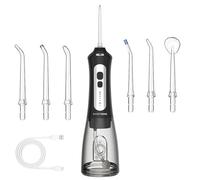 BarberBoss Irrigador bucal portátil, irrigador oral recargable por USB con 5 niveles de presión, 6 boquillas, tanque de 300 ml, irrigador dental impermeable e inalámbrico para el hogar y viajes