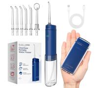 BarberBoss Irrigador bucal portátil para dientes, 6 puntas intercambiables y diseño recargable USB-C, irrigador dental de viaje con 3 modos de presión, QR-7116 (azul marino)
