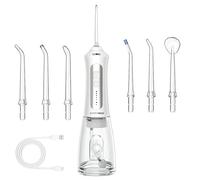 BarberBoss Irrigador bucal recargable para dientes y encías, irrigador oral inalámbrico con 5 modos de limpieza, 5 puntas de chorro, tanque de 300 ml, impermeable IPX7, irrigador dental eléctrico