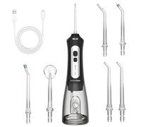 BarberBoss Irrigador dental inalámbrico, 5 modos de limpieza, 6 boquillas de chorro, pantalla LED, irrigador oral recargable, IPX7 impermeable, irrigador dental de agua