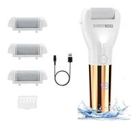 BarberBoss Lima eléctrica para callos y talones agrietados, removedor de callos resistente al agua, dispositivo de pedicura recargable con 3 rodillos, dispositivo de cuidado de pies de dos velocidades