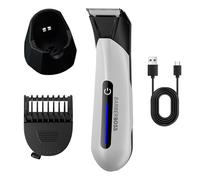 BarberBoss Recortador vello corporal para hombre, resistente al agua, para ingles y testículos, cuchilla de cerámica segura para la piel, peine ajustable, afeitadora para higiene masculina (Blanco)