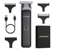 BarberBoss Recortadora de pelo inalámbrica para hombres, afeitadora de barba en T, kit de aseo impermeable con 4 peines guía, pantalla LCD, carga rápida USB, cortadora pelo facial y corporal (Negro)