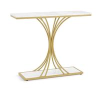 BarberPub Consola Estrecha, de Entrada Madera Estructura Metal, de recibidor con 2 Niveles, Auxiliar para recibidor, salón, antesala, Entrada, Oro Blanco, 30x100x80.5cm, 2226