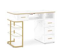 BarberPub Manic en Alquiler con 4 cajones, 1 Estante y 5 estantes, Mesa de uñas con succión, Madera de Mesa de uñas, Escritorio para uñas, Oro Blanco de mármol, 55x112x80cm, 2464