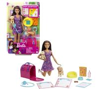 Barbie Adopta Perritos Muñeca con Vestido Morado, Perritos Mascota y Accesorios para cuidarles, Juguete +3 años (Mattel HKD86)