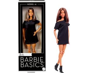 Barbie Basics Modelo 01 Muñeca de coleccionista con pelo castaño, minivestido negro y zapatos, ropa de talla universal, cuerpo articulable y cabeza intercambiable, JBH72