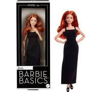 Barbie Basics Modelo 04 Muñeca de coleccionista con pelo rojo rizado, minivestido negro y botas, ropa intercambiable con otras muñecas, cuerpo pequeño articulado y cabeza intercambiable, JBH74