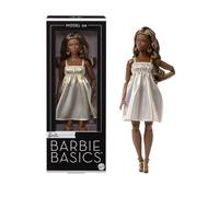 Barbie Basics, Muñeca 09 para coleccionistas con Pelo castaño, Vestido Dorado y Zapatos de tacón con Tiras, Ropa Intercambiable con Otras muñecas y Cuerpo articulado, JJX28