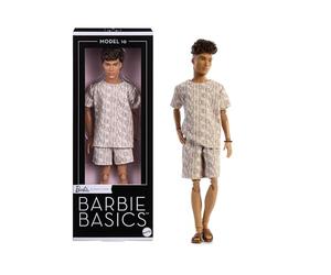 Barbie Basics Muñeco Ken Modelo para coleccionistas | Muñeco de moda moreno con conjunto de camisa y pantalón corto, ropa de ajuste universal y cuerpo articulado, 3+, JJX29