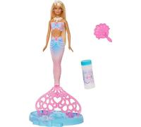 Barbie Bubble Sparkle Mermaid, muñeca con solución y función de Hacer Burbujas, Bandeja y Cepillo, con Pelo Largo, Rubio y con mechas de Colores, JLW56