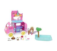 Barbie Caravana de Chelsea Juego 2 en 1 | Muñeca pequeña, 2 mascotas y 15 accesorios, vehículo se convierte en campamento, HNH90