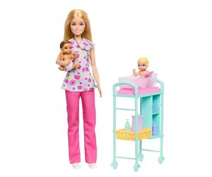 Barbie Careers Muñeca pediatra y set de juego | 2 muñecos bebé con muñeca doctora, camilla de exploración y más, 3+ años, JMK12