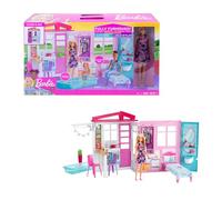 Barbie, Casa amueblada pleglable con cocina, piscina, dormitorio y lavabo con muñeca rubia, Embalaje sostenible, edad recomendada 3 años y más (Mattel GWY84)