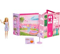 Barbie Casa de escapada de fin de semana Conjunto con muñeca, 10 accesorios que incluyen galletas para “hornear”, un gatito, 4 zonas de juego, 2 literas y juego de 360 grados, JMD28