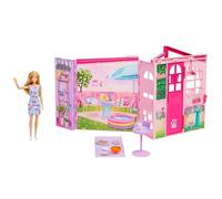 Barbie Casa de escapada de fin de semana Conjunto con muñeca, 10 accesorios que incluyen galletas para “hornear”, un gatito, 4 zonas de juego, 2 literas y juego de 360 grados, JMD28