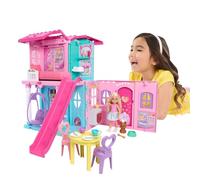 Barbie Chelsea Casa de muñecas con más de 15 accesorios, casa desplegable que se amplía a más de 43,2x33cm con 5 áreas de juego y tobogán, incluye muñeca pequeña y perrito mascota, JFW49