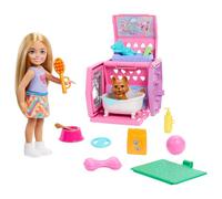 Barbie Chelsea Puppy Carrier Playset, muñeca pequeña rubia y accesorios, transportador de perros con piezas de juego temáticas de cachorros