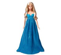 BARBIE Claudia Schiffer en Versace - Edición limitada con vestido azul cielo y falda de gasa plisada, inspirada en la legendaria aparición de Claudia Schiffer en el desfile de Versace en 1994, HCB94